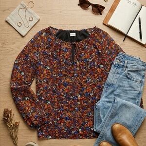 J. CREW Ditsy Floral Print Crinkle Peasant Top Cottagecore Blouse Size L